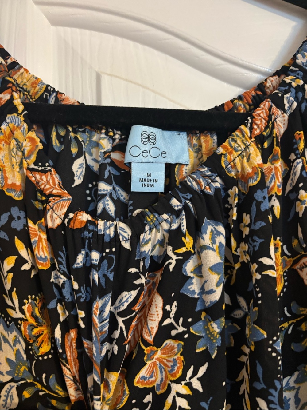 CeCe Black Floral Peasant Top with Yellow & Blue Blooms